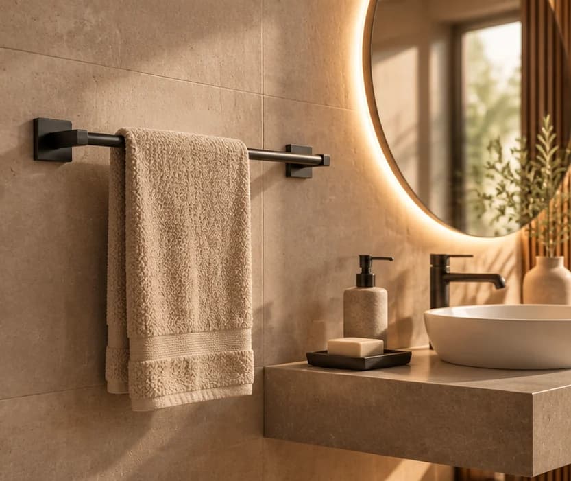 A black towel rail with a folded towel beside a basin