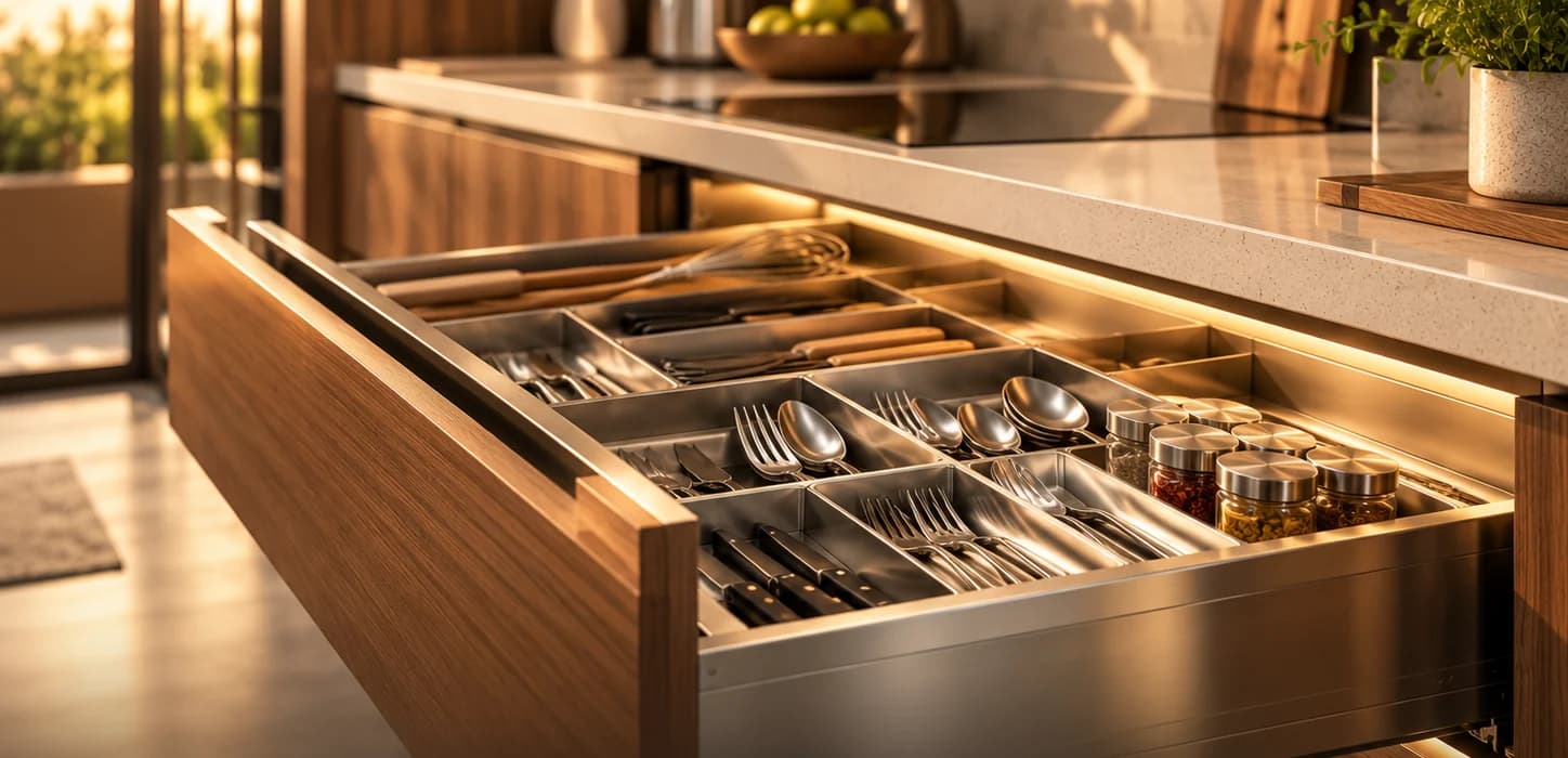 An open kitchen drawer fitted with a steel cutlery organiser