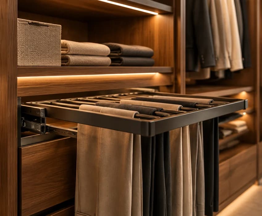A pull-out trouser rack inside a lit wooden wardrobe