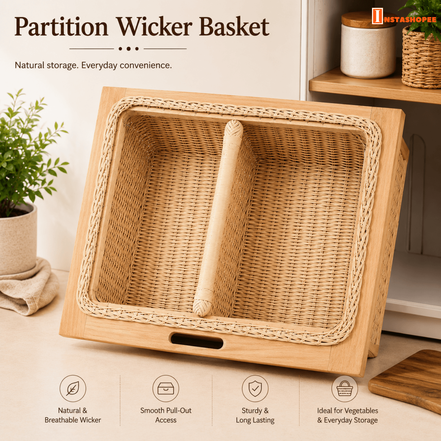 Partition Wooden Vegetable Box / Wicker Basket - Image 1