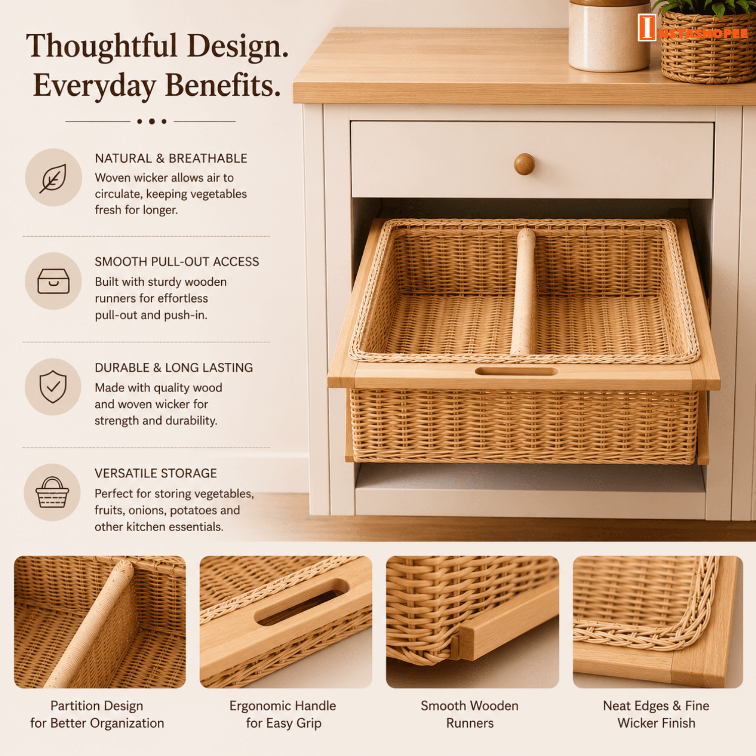 Partition Wooden Vegetable Box / Wicker Basket - Image 3