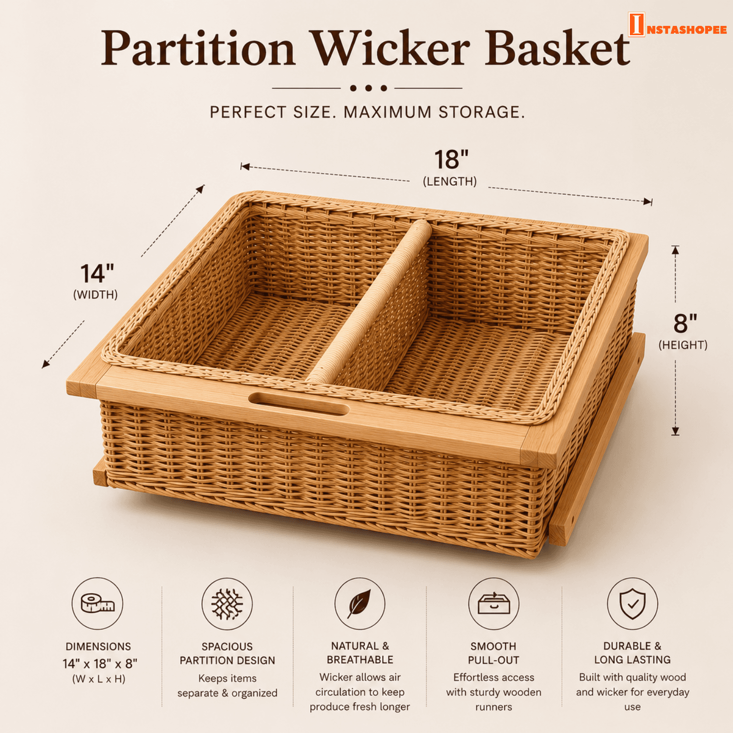 Partition Wooden Vegetable Box / Wicker Basket - Image 4