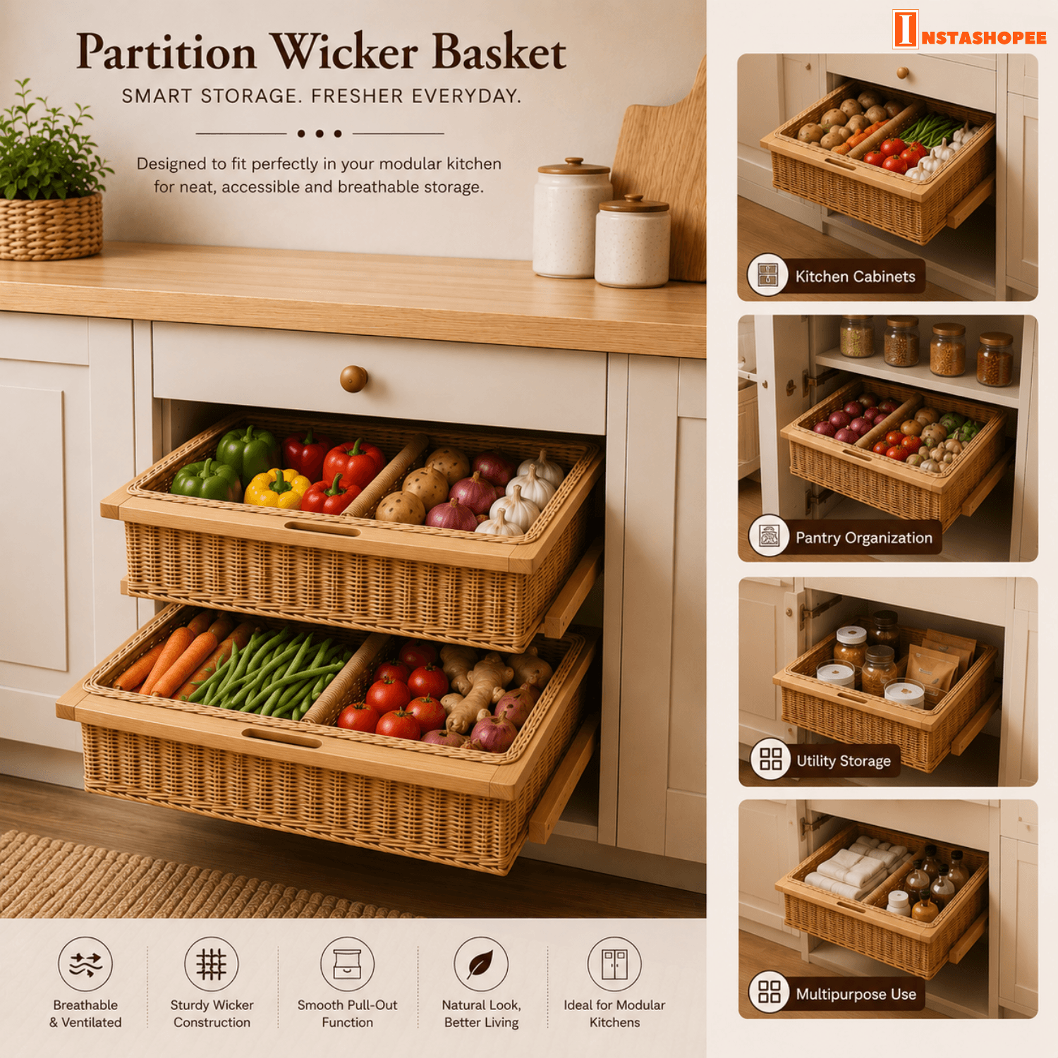 Partition Wooden Vegetable Box / Wicker Basket - Image 5