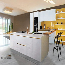 stelocasa Island modular kitchen white and mustard 115
